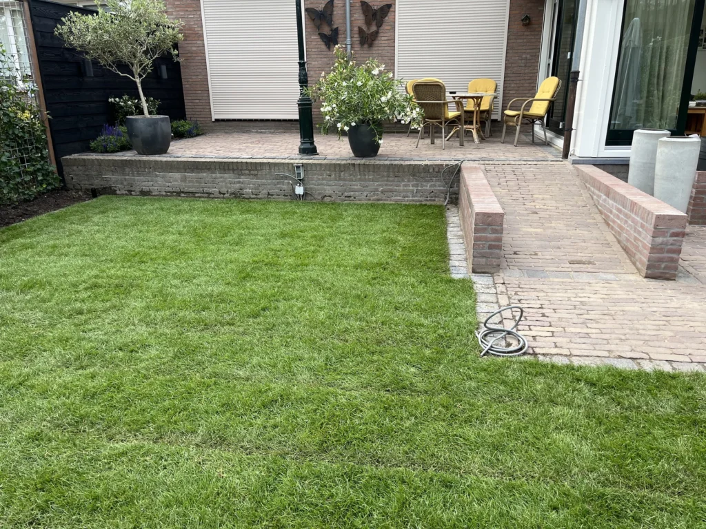 Aanleg van bestrating en borders in een tuin